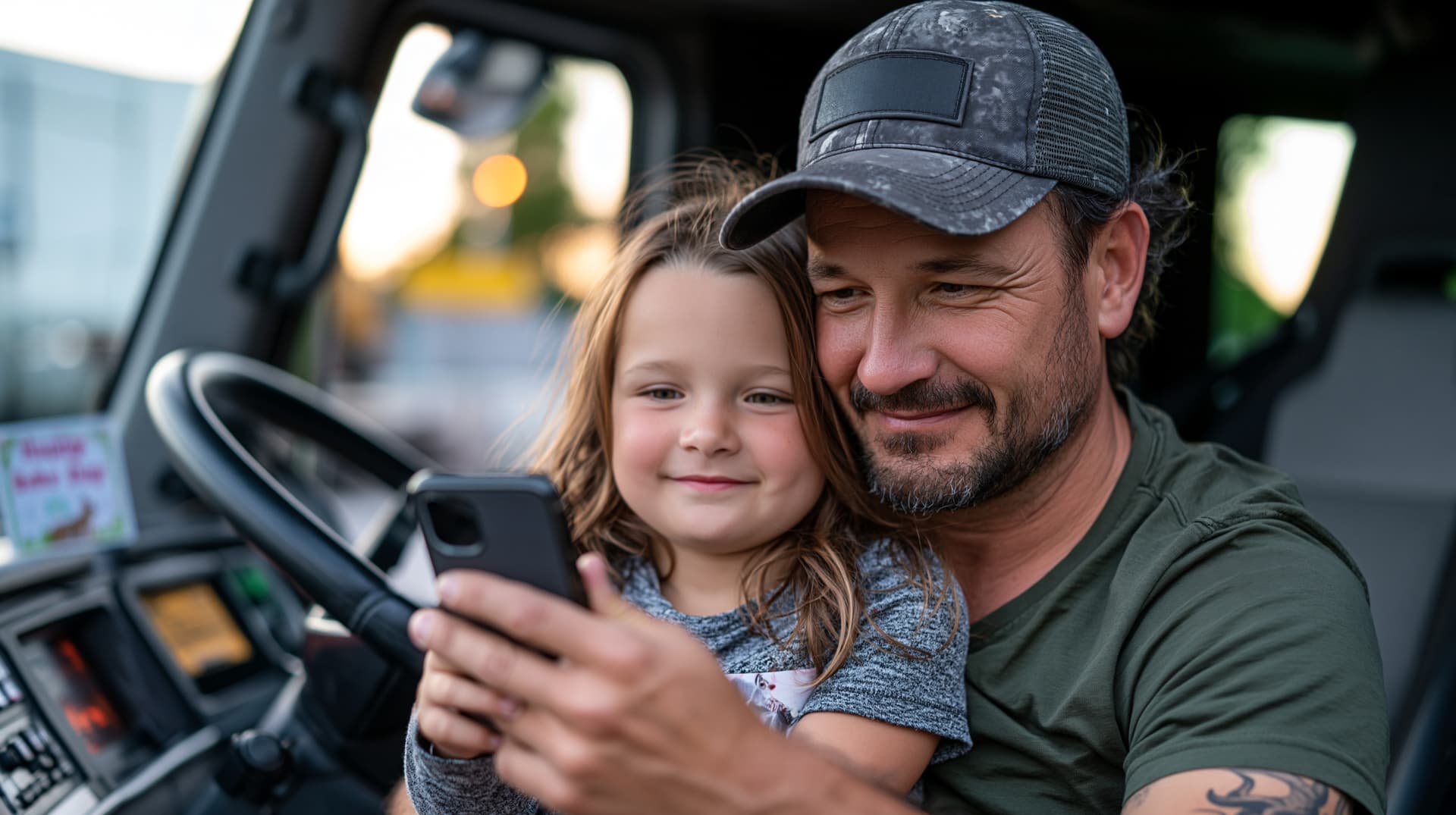 A truck driver and his daughter looking at a phone together inside the cab of his semi